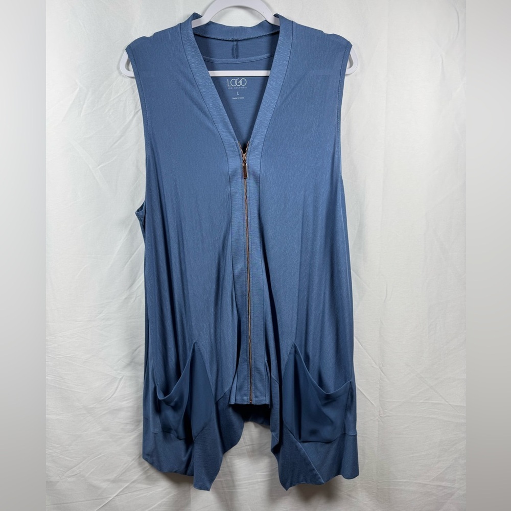 LOGO by Lori Goldstein Slub Knit Vest With Front Zip Closure Blue L